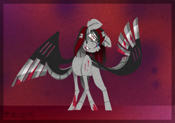 Size: 1698x1192 | Tagged: safe, artist:mrraapeti, derpibooru import, oc, oc only, alicorn, pony, robot, robot pony, alicorn oc, blood, damaged, horn, solo, wings