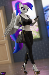 Size: 2160x3320 | Tagged: safe, artist:shadowboltsfm, derpibooru import, oc, oc only, oc:inkwell stylus, anthro, plantigrade anthro, 3d, blender, bracelet, breasts, clothes, denim, ear piercing, earring, eyeshadow, high heels, high res, indoors, jeans, jewelry, lipstick, makeup, nail polish, not sfm, pants, phone, piercing, ponytail, purse, sexy, shoes, short shirt, solo