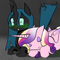 Size: 1000x1000 | Tagged: safe, alternate version, artist:0liiver, derpibooru import, princess cadance, queen chrysalis, alicorn, changeling, blushing, duo, duo female, female, infidelity, lesbian, ship:cadalis, shipping