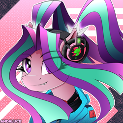 Size: 1547x1550 | Tagged: safe, artist:andaluce, derpibooru import, aria blaze, earth pony, pony, semi-anthro, equestria girls, g4, rainbow rocks, bust, clothes, equestria girls ponified, eye clipping through hair, female, flowing mane, gem, headphones, jacket, jewelry, mare, necklace, ponified, rainbow rocks 10th anniversary, solo, species swap