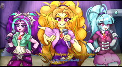 Size: 1836x1024 | Tagged: safe, artist:dazzlingmimi, derpibooru import, adagio dazzle, aria blaze, sonata dusk, human, equestria girls, g4, rainbow rocks, female, microphone, rainbow rocks 10th anniversary, redraw, singing, song, the dazzlings, trio, trio female, under our spell