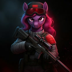 Size: 1024x1024 | Tagged: safe, ai content, derpibooru import, machine learning generated, berry punch, berryshine, anthro, earth pony, g4, clothes, cosplay, costume, female, g.i. joe, generator:google imagen 3.0, gloves, goggles, gradient background, gun, low-light, marksman, prompter:zerowinger, rifle, sniper rifle, solo, weapon