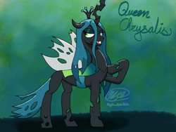 Size: 2224x1668 | Tagged: safe, artist:bridafrenchfry, derpibooru import, queen chrysalis, changeling, changeling queen, concave belly, female, hoof on chest, signature, solo