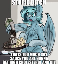 Size: 1241x1347 | Tagged: safe, artist:reddthebat, derpibooru import, oc, oc only, oc:alaska (reddthebat), pegasus, pony, bipedal, blaze (coat marking), chest fluff, coat markings, eyebrows, eyebrows visible through hair, facial markings, female, food, frying pan, hoof hold, mare, open mouth, pubic fluff, rice, solo, soy sauce, vulgar, wing hands, wing hold, wings