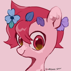 Size: 4096x4096 | Tagged: safe, artist:metaruscarlet, derpibooru import, oc, oc only, oc:metaru scarlet, pegasus, pony, flower, flower in hair, leaves, leaves in hair, looking at you, pegasus oc, pink background, simple background, solo, spotted