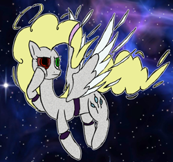 Size: 850x800 | Tagged: safe, artist:ponie pie, derpibooru import, surprise, pegasus, g1, error, female, floating, glitch, halo, heterochromia, solo, space, stoic, wings