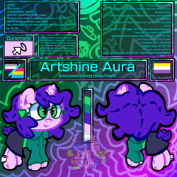 Size: 3840x3840 | Tagged: safe, artist:endercatcore, derpibooru import, oc, oc only, oc:artshine aura, original species, pony, unicorn, abstract background, asexual pride flag, glasses, gradient background, horn, nonbinary oc, nonbinary pride flag, pansexual pride flag, plush pony, plushie, ponysona, pride, pride flag, reference sheet, solo, unicorn oc