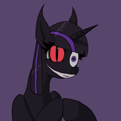 Size: 700x700 | Tagged: safe, artist:ponie pie, derpibooru import, twilight sparkle, unicorn twilight, oc, oc:nihilus, pony, unicorn, fanfic:the immortal game, bust, evil counterpart, evil smile, evil twilight, fangs, heterochromia, horn, insanity, pointed ears, smiling, solo