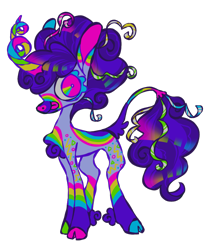 Size: 840x1000 | Tagged: safe, artist:peaceandlove26, artist:twinklewish, derpibooru import, oc, oc only, oc:kaleidoscope fizzle streamers, pony, unicorn, 2021, big eyes, blue eyelashes, chest fluff, cloven hooves, coat markings, colored chest fluff, colored eyelashes, colored hooves, colored horn, colored muzzle, colored pinnae, colored tail, concave belly, confetti in tail, curly hair, curly mane, curly tail, curved horn, dark muzzle, facial markings, fetlock tuft, hair accessory, hooves, horn, lavender coat, leg markings, leonine tail, looking back, mane accessory, mismatched hooves, multicolored ears, multicolored hooves, multicolored tail, no catchlights, old art, pink eyes, profile, purple coat, purple mane, purple tail, rainbow ears, rainbow horn, rainbow muzzle, rainbow tail, shiny mane, shiny tail, shrunken pupils, simple background, smiling, snip (coat marking), socks (coat marking), standing, streamers, tail, tail accessory, tail fluff, tall ears, thin, tongue, tongue out, transparent background, unicorn oc, unique horn