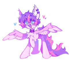 Size: 945x845 | Tagged: safe, artist:peaceandlove26, artist:twinklewish, derpibooru import, oc, oc only, oc:puppy love, bat pony, pegasus, pony, 2021, bat pony oc, blue eyes, chest fluff, collar, colored ear fluff, colored mouth, colored pupils, colored wings, ear piercing, ear tufts, earring, eyebrows, eyebrows visible through hair, eyeshadow, fangs, fetlock tuft, floating heart, freckles, heart, jewelry, lidded eyes, long tail, makeup, old art, open mouth, open smile, pegasus oc, piercing, pink coat, pink wings, ponysona, purple eyeshadow, purple mouth, raised hoof, raised leg, shiny coat, shiny eyes, shiny mane, shiny tail, short mane, simple background, smiling, solo, spiked collar, spread wings, standing, tail, torn ear, transparent background, wings, yellow pupils