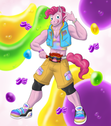 Size: 2080x2365 | Tagged: safe, artist:kamenriderpegasus, derpibooru import, bubble berry, pinkie pie, anthro, earth pony, belt, clothes, henshin, kamen rider, kamen rider gavv, male, rule 63, short shirt, shorts, sleeveless