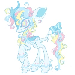 Size: 1000x1000 | Tagged: safe, artist:peaceandlove26, artist:twinklewish, derpibooru import, oc, oc only, oc:dreamie (webkinzworldz), kirin, 2021, big ears, big eyes, bow, coat markings, colored horn, colored pinnae, ears, eye markings, eyelashes, horn, kirin oc, leg markings, long tail, multicolored eyes, no catchlights, nonbinary, nonbinary oc, old art, profile, raised hoof, raised leg, simple background, smiling, solo, sparkles, sparkly mane, sparkly tail, standing on three hooves, tail, tail bow, tail fluff, thin tail, three toned eyes, three toned mane, three toned tail, transgender, transgender oc, unshorn fetlocks, white background, white coat, wide eyes