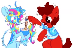 Size: 1510x1000 | Tagged: safe, artist:peaceandlove26, artist:twinklewish, derpibooru import, oc, oc only, oc:dreamie (webkinzworldz), earth pony, kirin, pony, 2021, baking, beanbrows, belly fluff, big ears, big eyes, bow, bowl, clothes, cloven hooves, coat markings, colored, colored horn, colored pinnae, curly hair, curly mane, curly tail, duo, ears, earth pony oc, eye markings, eyebrows, eyelashes, flat colors, food, hoof heart, horn, kirin oc, leg markings, long tail, mixing bowl, multicolored eyes, nonbinary, nonbinary oc, oc name needed, old art, open mouth, open smile, profile, raised hoof, raised leg, red coat, red mane, red tail, shirt, simple background, smiling, sparkles, sparkly mane, sparkly tail, sprinkles, standing on three hooves, tail, tail bow, tail fluff, thin tail, three toned eyes, three toned mane, three toned tail, tiedye, tongue, tongue out, transgender, transgender oc, underhoof, unshorn fetlocks, white background, white coat, wide eyes, wooden spoon