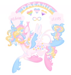 Size: 1500x1585 | Tagged: safe, artist:peaceandlove26, artist:twinklewish, derpibooru import, oc, oc only, oc:dreamie (webkinzworldz), alicorn, 2021, ahoge, alicorn oc, autism spectrum disorder, big ears, big eyes, blank flank, blaze (coat marking), blue mouth, cheek fluff, cloud, coat markings, colored eartips, colored horn, colored mouth, colored sclera, colored wings, dots, double tail, ear fluff, ear tufts, ears, eye clipping through hair, eyelashes, facial markings, flying, gay pride flag, gradient ears, gradient legs, horn, infinity symbol, leg fluff, leonine tail, long horn, lying down, multicolored eyes, multiple tails, neck fluff, nonbinary, nonbinary oc, nonbinary pride flag, old art, open mouth, pride, pride flag, profile, rainbow, raised leg, sharp teeth, simple background, sitting, smiling, socks (coat marking), solo, sparkly mane, sparkly tail, spread wings, stars, striped horn, tail, tail fluff, teeth, transgender, transgender oc, transgender pride flag, two tails, two toned wings, unicorn horn, white background, white coat, white text, wings, yellow sclera