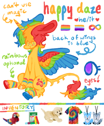 Size: 1500x1808 | Tagged: safe, artist:peaceandlove26, artist:twinklewish, derpibooru import, oc, oc only, oc:sunny smiles (webkinzworldz), alicorn, pony, 2021, alicorn oc, autism spectrum disorder, blue text, blush scribble, blushing, colored hooves, colored horn, colored lineart, colored pinnae, colored wings, eyebrows, eyebrows visible through hair, eyelashes, fluffy mane, freckles, gay pride flag, green text, hair over eyes, hooves, horn, infinity symbol, keychain, leg markings, leg stripes, leonine tail, long tail, mismatched ears, mismatched hooves, multicolored hair, multicolored hooves, multicolored mane, multicolored tail, multicolored wings, nonbinary, nonbinary oc, old art, plushie, pride, pride flag, purple eyes, rainbow freckles, rainbow hair, rainbow horn, rainbow text, red text, shiny hooves, sitting, smiling, solo, stripes, tail, tail fluff, thin tail, tiedye, underhoof, unshorn fetlocks, wings, wolf cut, yellow coat, yellow text