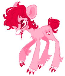 Size: 942x1094 | Tagged: safe, artist:peaceandlove26, artist:twinklewish, derpibooru import, pony, 2021, bear ears, blood, bloody mouth, chest fluff, claws, colored muzzle, colored pinnae, facial markings, gloomy bear, hoof claws, leg fluff, mealy mouth (coat marking), narrowed eyes, old art, pale muzzle, ponified, profile, red eyes, red mane, red pupils, red tail, sharp teeth, simple background, smiling, solo, species swap, tail, teeth, white background