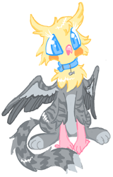 Size: 944x1478 | Tagged: safe, artist:peaceandlove26, artist:twinklewish, derpibooru import, oc, oc only, oc:gibby, griffon, g4, 2021, beak, blue eyes, blue pupils, coat markings, collar, colored legs, colored lineart, colored pupils, colored wings, colored wingtips, facial markings, feather, gray feathers, gray wingtips, griffon oc, next generation, old art, one wing out, parent:unknown, partially open wings, paws, simple background, socks (coat marking), solo, stripes, white background, wing stripes, wings