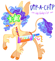 Size: 1301x1454 | Tagged: safe, artist:peaceandlove26, derpibooru import, oc, oc only, oc:dip-a-chip, pony, unicorn, g4, blank flank, blue mouth, coat markings, colored ears, colored hooves, colored horn, colored teeth, curly hair, curly mane, curly tail, curved horn, ear tufts, freckles, genderfluid, genderfluid pride flag, glasses, hair tie, hooves, horn, keyboard, leg markings, lesbian pride flag, long horn, long legs, musical instrument, next generation, nonbinary oc, nonbinary pride flag, open mouth, open smile, orange hooves, parents:cheesefavor, piano, pride, pride flag, profile, purple text, sharp teeth, shiny hooves, shiny mane, shiny tail, smiling, socks (coat marking), solo, star glasses, star sunglasses, sunglasses, tail, tall ears, teeth, thin legs, thin tail, unicorn horn, unicorn oc, yellow coat