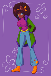 Size: 1365x2048 | Tagged: safe, artist:mscolorsplash, derpibooru import, oc, oc only, anthro, earth pony, plantigrade anthro, afro, bellbottoms, big breasts, breasts, busty oc, clothes, colored pupils, female, hand in pocket, heterochromia, huge breasts, jacket, mare, patreon, patreon reward, purple background, simple background, solo