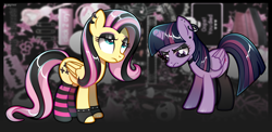 Size: 3878x1890 | Tagged: safe, artist:scarffist, derpibooru exclusive, derpibooru import, fluttershy, twilight sparkle, twilight sparkle (alicorn), alicorn, pegasus, pony, alternate hairstyle, base used, broken horn, choker, clothes, duo, duo female, ear piercing, earring, emo, emo twilight, emoshy, eyelashes, female, gloves, goth, horn, jewelry, lip piercing, looking down, looking up, meme, piercing, sad, socks, stockings, striped socks, thigh highs, we're emo, wings