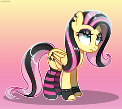 Size: 2223x1980 | Tagged: safe, artist:scarffist, derpibooru exclusive, derpibooru import, fluttershy, pegasus, pony, alternate hairstyle, base used, clothes, ear piercing, emo, emoshy, eyelashes, gloves, gradient background, long hair, long mane, long tail, looking up, piercing, sad, socks, solo, stockings, striped socks, tail, thigh highs, wings