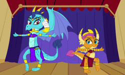 Size: 1153x693 | Tagged: safe, artist:detailedatream1991, derpibooru import, princess ember, smolder, dragon, g4, anklet, belly dancer, belly dancer outfit, bracelet, dragoness, duo, duo female, female, jewelry, loincloth, midriff, necklace, stage