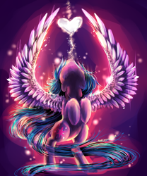 Size: 2500x3000 | Tagged: safe, artist:aquagalaxy, derpibooru import, twilight sparkle, twilight sparkle (alicorn), alicorn, pony, g4, backlighting, belly, female, glowing, heart, high res, looking up, mare, solo, spread wings, wings