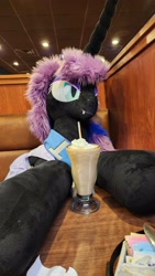 Size: 2252x4000 | Tagged: safe, artist:lanacraft, derpibooru import, nightmare moon, 4chan cup scarf, clothes, denny's, drink, eyeshadow, female, irl, makeup, mare, milkshake, photo, plushie, scarf