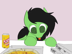 Size: 3180x2395 | Tagged: safe, artist:ponny, derpibooru import, oc, oc only, oc:anon filly, earth pony, pony, :p, alcohol, beer, beer can, colored, drink, female, filly, foal, food, indoors, pizza, pizza box, simple background, solo, tongue, tongue out