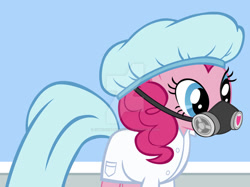 Size: 828x620 | Tagged: safe, alternate version, artist:ehmedcenthospital, derpibooru import, pinkie pie, earth pony, pony, g4, clothes, deviantart watermark, female, gas mask, indoors, lab coat, mask, multiple variants, nurse, obtrusive watermark, solo, watermark