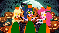 Size: 4844x2768 | Tagged: safe, artist:cartoonmasterv3, derpibooru import, applejack, pinkie pie, twilight sparkle, human, undead, zombie, equestria girls, g4, clothes, dress, halloween, halloween 2024, holiday, infected, jack-o-lantern, long dress, long skirt, pumpkin, skirt, trio