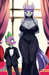 Size: 529x817 | Tagged: safe, ai content, derpibooru import, generator:novelai, generator:stable diffusion, machine learning generated, maud pie, spike, anthro, dragon, earth pony, g4, age difference, big breasts, blushing, breasts, clothes, dress, duo, duo male and female, female, indoors, lowres, male, maud pies, prompter:genderface, ship:maudspike, shipping, straight, wingless spike