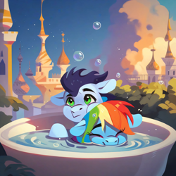 Size: 4096x4096 | Tagged: safe, ai content, derpibooru import, generator:purplesmart.ai, generator:stable diffusion, machine learning generated, rainbow dash, soarin', bath, bathtub, bubble, canterlot, cute, dashabetes, duo, duo male and female, ears, female, floppy ears, male, outdoors, prompter:*rainbow dash*, shipping, soarindash, straight, water