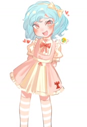 Size: 1200x1730 | Tagged: safe, artist:p0kan2, derpibooru import, cozy glow, demon, human, :d, arm behind head, blushing, bowtie, chipped tooth, choker, clothes, cowboy shot, crying, dress, emoji, freckles, frilly, frilly dress, hair ribbon, heart, humanized, looking at you, open mouth, open smile, question mark, ribbon, shirt, short sleeves, simple background, smiling, socks, solo, striped socks, thigh highs, white background, 😭