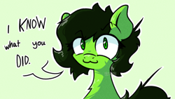 Size: 3780x2128 | Tagged: safe, artist:foxtrnal, derpibooru import, oc, oc only, oc:anon filly, earth pony, pony, :3, dialogue, female, filly, foal, green background, high res, simple background, solo