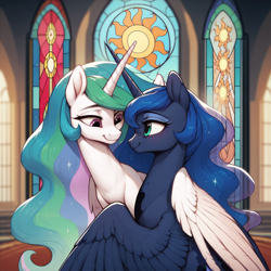 Size: 1024x1024 | Tagged: safe, ai content, derpibooru import, machine learning generated, princess celestia, princess luna, alicorn, pony, g4, anonymous prompter, duo, female, hug, indoors, looking at each other, looking at someone, mare, siblings, sisters, smiling, smiling at each other, stained glass, winghug, wings