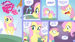 Size: 1600x900 | Tagged: safe, artist:shyguy9, derpibooru import, part of a set, fluttershy, oc, earth pony, pegasus, pony, comic:you've got the wrong pony, blushing, canterlot, comic, dialogue