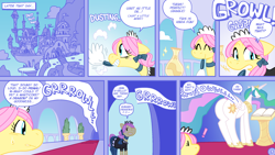 Size: 1600x900 | Tagged: safe, artist:shyguy9, derpibooru import, part of a set, fluttershy, princess celestia, alicorn, pegasus, pony, comic:you've got the wrong pony, blushing, canterlot, clothes, comic, dialogue, duster, exclamation point, eye clipping through hair, fluttermaid, maid, stomach noise, sweat, sweatdrop