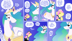 Size: 1600x900 | Tagged: safe, artist:shyguy9, derpibooru import, part of a set, fluttershy, princess celestia, alicorn, pegasus, pony, comic:you've got the wrong pony, blushing, clothes, comic, dialogue, exclamation point, eye clipping through hair, fluttermaid, imminent vore, interrobang, kitchen eyes, maid, question mark, stomach noise