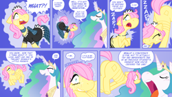 Size: 1600x900 | Tagged: safe, artist:shyguy9, derpibooru import, part of a set, fluttershy, princess celestia, alicorn, pegasus, pony, comic:you've got the wrong pony, blushing, butt, clothes, comic, dialogue, eyes closed, flutterbutt, fluttermaid, imminent vore, kitchen eyes, levitation, magic, maid, open mouth, sweat, sweatdrop, sweatdrops, telekinesis