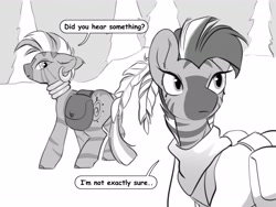 Size: 4096x3079 | Tagged: safe, artist:opalacorn, derpibooru import, zecora, oc, oc:philani, zebra, g4, bag, black and white, butt, dialogue, duo, duo female, ears back, female, grayscale, looking back, mare, monochrome, plot, saddle bag, speech bubble, zebra oc