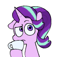 Size: 192x192 | Tagged: safe, artist:driftwoodpony, derpibooru import, starlight glimmer, pony, unicorn, g4, bust, cup, ears, eyebrows, female, floppy ears, frown, horn, looking at you, mare, one ear down, raised eyebrow, simple background, solo, teacup, transparent background