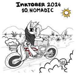 Size: 1000x1000 | Tagged: safe, artist:sunamoonmlp, derpibooru import, oc, oc only, oc:sunamoon, alicorn, pony, g4, cute, desert, female, horn, inktober, inktober 2024, motorcycle, mountain, mountain range, solo, sun, wings