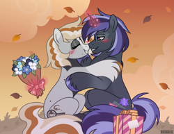 Size: 2787x2148 | Tagged: safe, artist:besamon, derpibooru import, oc, oc only, earth pony, pony, unicorn, autumn, blushing, cloud, curly hair, curly mane, duo, duo male and female, eyes closed, female, flower, fluffy, gift art, horn, hug, leaves, magic, male, outdoors, present, raised hoof, raised leg, romantic, smiling, sunset, telekinesis, wind