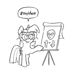 Size: 1123x1123 | Tagged: safe, artist:kyssimmee, derpibooru import, twilight sparkle, unicorn twilight, alien, pony, unicorn, g4, black and white, female, glasses, grayscale, hashtag, mare, monochrome, round glasses, simple background, solo, speech bubble, white background