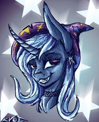 Size: 2600x3200 | Tagged: safe, artist:kvoi-6, derpibooru import, trixie, pony, unicorn, g4, bust, choker, female, grin, high res, horn, lidded eyes, mare, signature, smiling, solo, stars