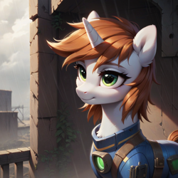 Size: 1024x1024 | Tagged: safe, ai content, derpibooru import, generator:pony diffusion v6 xl, generator:stable diffusion, machine learning generated, oc, oc only, oc:littlepip, pony, unicorn, fallout equestria, beautiful eyes, cute, daaaaaaaaaaaw, horn, outdoors, prompter:teonanakatle, smiling, solo