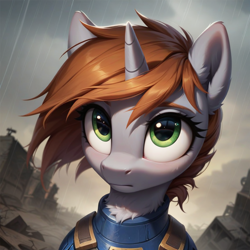 Size: 1024x1024 | Tagged: safe, ai content, derpibooru import, generator:pony diffusion v6 xl, generator:stable diffusion, machine learning generated, oc, oc only, oc:littlepip, pony, unicorn, fallout equestria, beautiful eyes, cute, daaaaaaaaaaaw, horn, outdoors, prompter:teonanakatle, smiling, solo