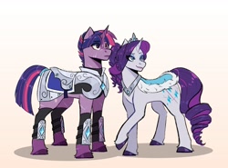 Size: 2300x1700 | Tagged: safe, artist:slapearl, derpibooru import, rarity, twilight sparkle, unicorn twilight, pony, unicorn, alternate cutie mark, alternate hairstyle, alternate universe, armor, bodyguard au, colored hooves, duo, duo female, eye clipping through hair, eyebrows, eyebrows visible through hair, eyeshadow, facial scar, female, fetlock tuft, gradient background, hooves, horn, jewelry, leg armor, leg scar, lesbian, lipstick, makeup, mare, nose scar, peytral, ponytail, raised hoof, raised leg, rarilight, saddle, saddle blanket, scar, scarred, shiny hooves, shipping, short hair, short hair twilight sparkle, smiling, tack, tiara