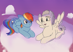 Size: 1248x887 | Tagged: artist needed, source needed, safe, derpibooru import, rainbow dash, pegasus, pony, g4, backwards cutie mark, cloud, cute, dashabetes, duo, eye clipping through hair, folded wings, great scott (g4), lying down, on a cloud, shipping, sitting, sitting on cloud, spread wings, wings